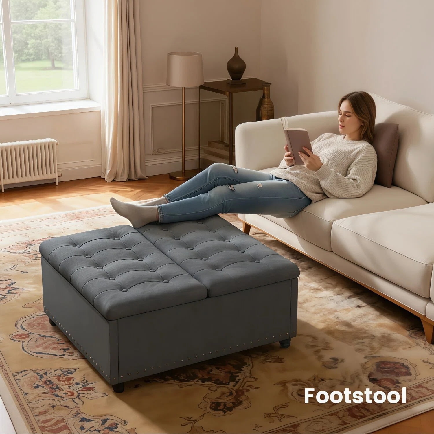 Kbun 33.5 inch Large Square Storage Ottoman, Tufted Upholstered Coffee Table with Lift Top & Solid Wood Legs, Oversized Storage Bench Ottomans Toy Box for Bedroom, Living Room, Entryway, Grey