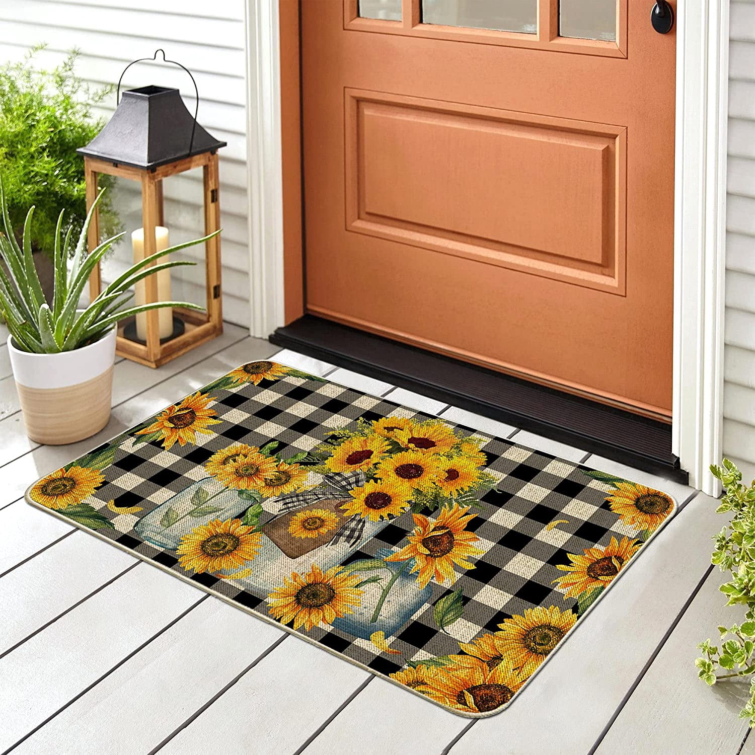 Hexagram Sunflower Door Mats 17x30 Inch, Sunflower Welcome Mats Outdoor, Farmhouse Buffalo Plaid Doormats for Front Door Decorations, Decorative Spring Summer Decor for Home