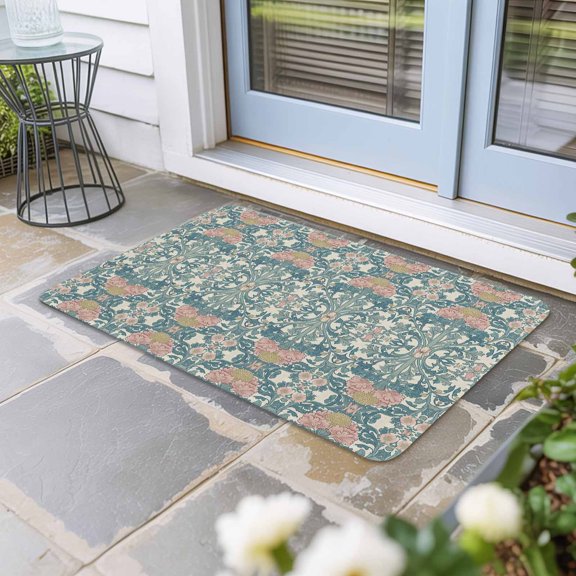 Teal Pink Door Mat Indoor Outdoor, Vintage Floral Watercolor Boho Ethnic Non Slip Welcome Mat with Rubber Backing, Absorbent Fabric Front Door Mats Entryway Rug for Home Patio Entrance 20"x31.5"