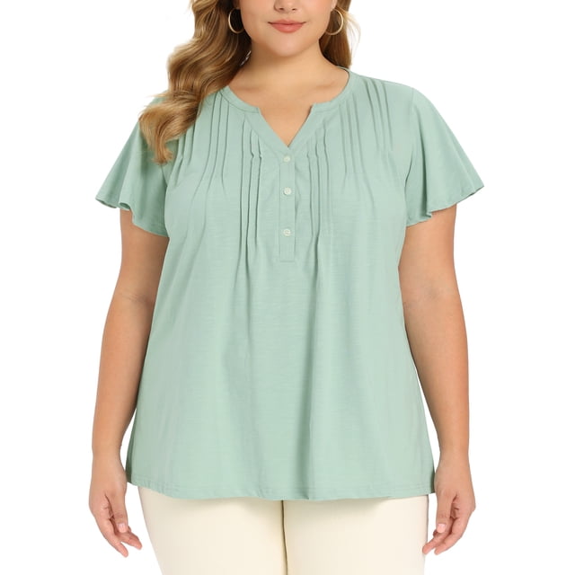GRACE & GRANDEUR Blusas de Talla Grande para Mujeres con Mangas con Volantes y Frente con Pliegues, Blusa de Cuello con Muesca, Camiseta Casual Elegante 2X Verde