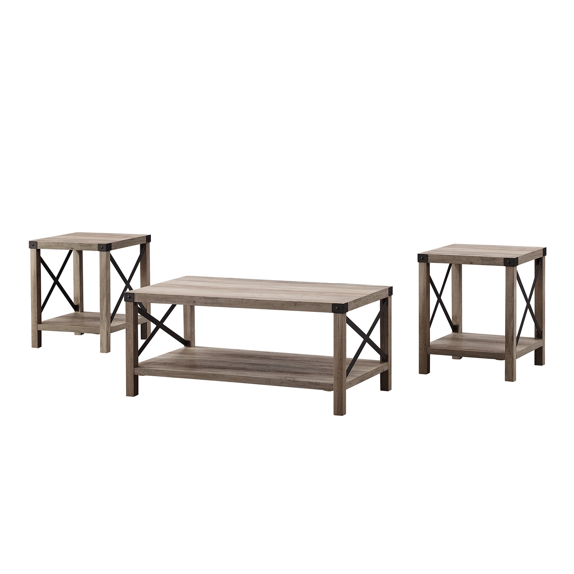 Manor Park 3-Piece Rustic Wood & Metal Coffee Table Set - Grey Wash