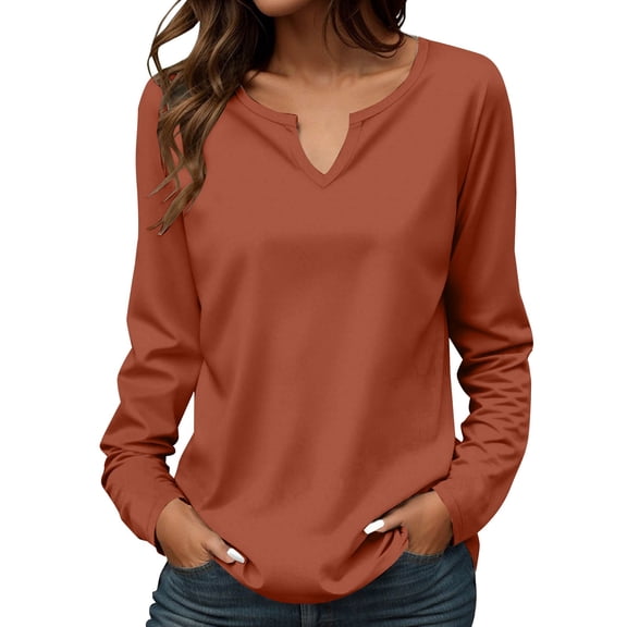 Long Sleeve Shirts for Women Fall Fashion Women's Clothing V Neck Casual Ladies Tops And Blouses Outfits Womens Sweatshirt Brown