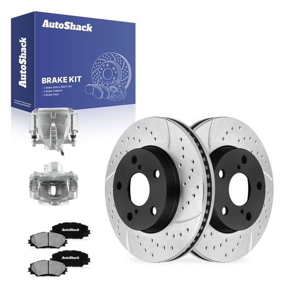 AutoShack Front Vented Drilled & Slotted E-Coated Brake Rotors   Ceramic Pads   Calipers 8-PC Brake Kit Replacement for 2008-2015 Scion xB 2012-2017 Toyota Prius V ShadowGuard 10.83" (275 mm)