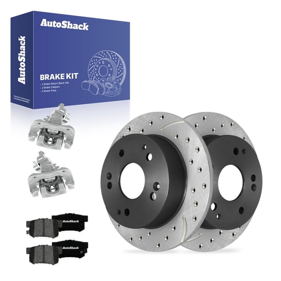 AutoShack Rear Solid Drilled & Slotted E-Coated Brake Rotors   Premium Ceramic Pads   Calipers 8-PC Brake Kit Replacement for 1998-2002 Honda Accord ShadowGuard 10.23" (259.8 mm)