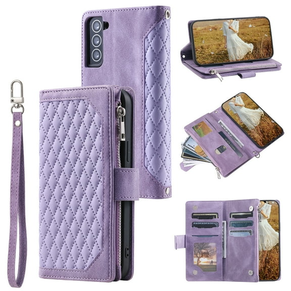 Nalacover for Samsung Galaxy S22 Flip Kickstand Wallet Case,Full Body Protection Luxury PU Leather Shockproof Magnetic Closure Zipper Pocket with Detachable Hand Strap&Shoulder Strap Cover.Purple