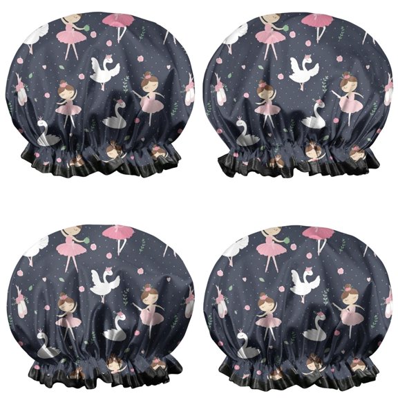 Shower Caps,Dark Blue Ballerina Princess Pattern Waterproof Shower Cap for Women 4 Pieces,Double Reusable Hair Cover for Shower PEVA Elastic Stretch Hem