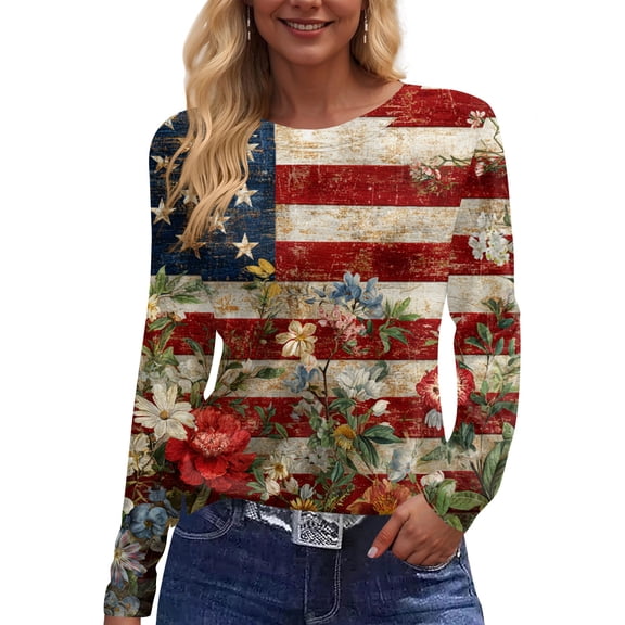 4th of July Shirts for Women Patriotic Red White and Blue Shirt American Flag Print Tshirt Long Sleeve Tees Tops (Beige,M)