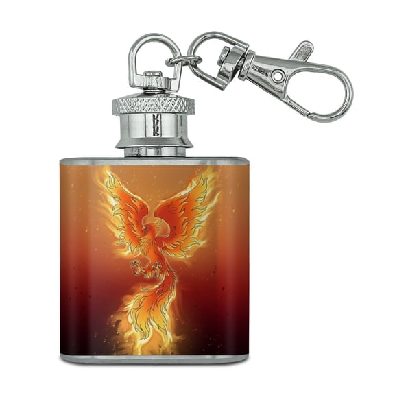 Phoenix Rising from the Flames Stainless Steel 1oz Mini Flask Key Chain