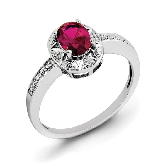 Sterling Silver Diamond & Simulated Ruby Ring (2mm) - Size 5