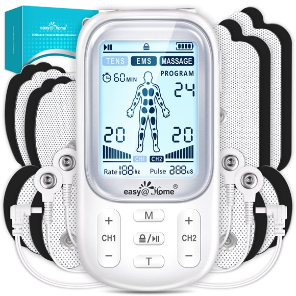 Unidad electrónica TENS Easy@Home: Terapia para el alivio del dolor - Masajeador de pulso EMS recargable - Doble canal, 24 modos, 20 intensidades, 16 almohadillas TENS y estimulador muscular motorizad