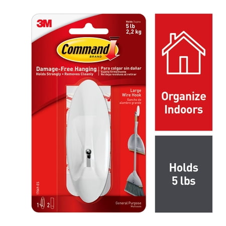 Command Wire Hook, White, Large, 1 Hook, 2 Strips/Pack