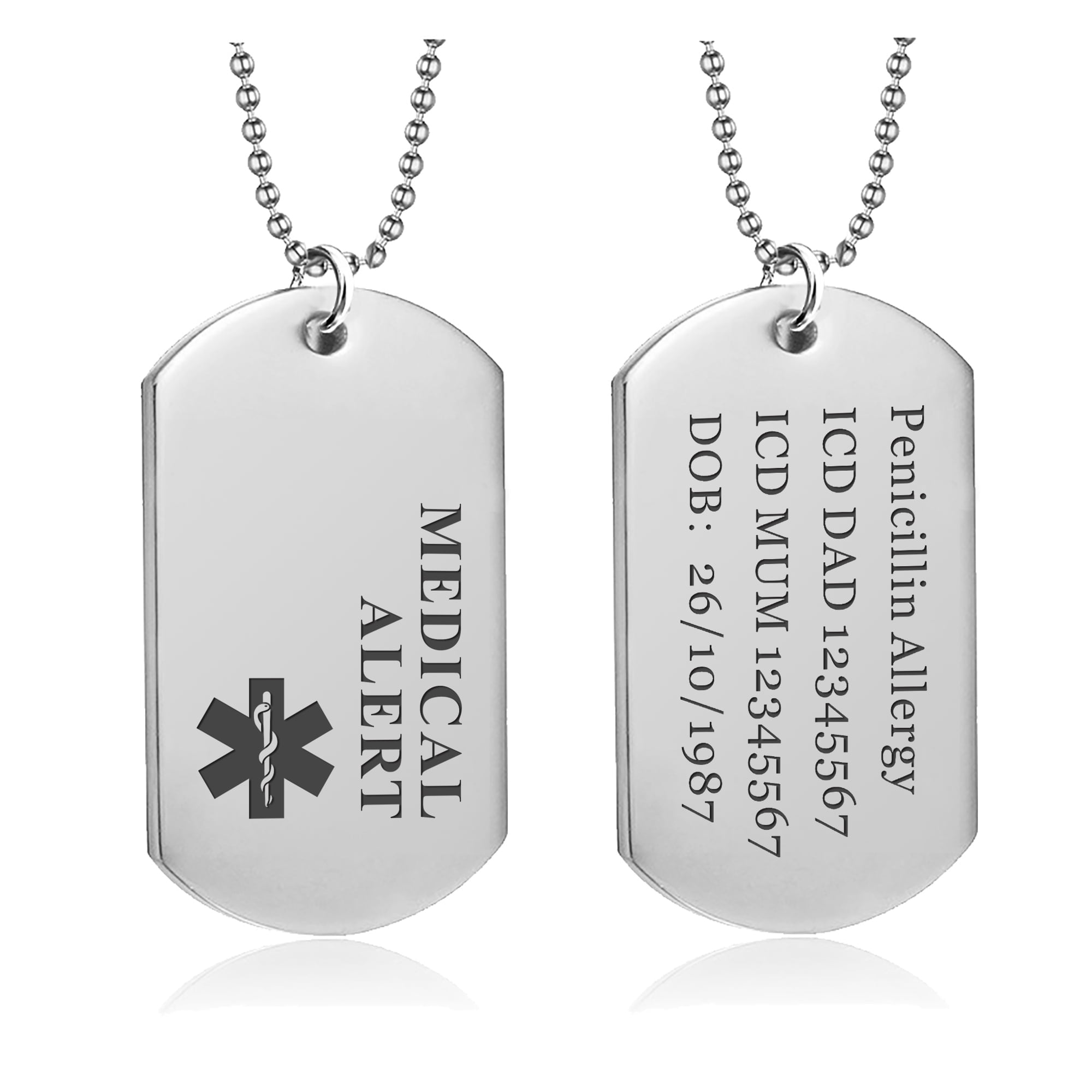 Edsg Personalized Medical ID Tags, Silver Stainless Steel, 24 in
