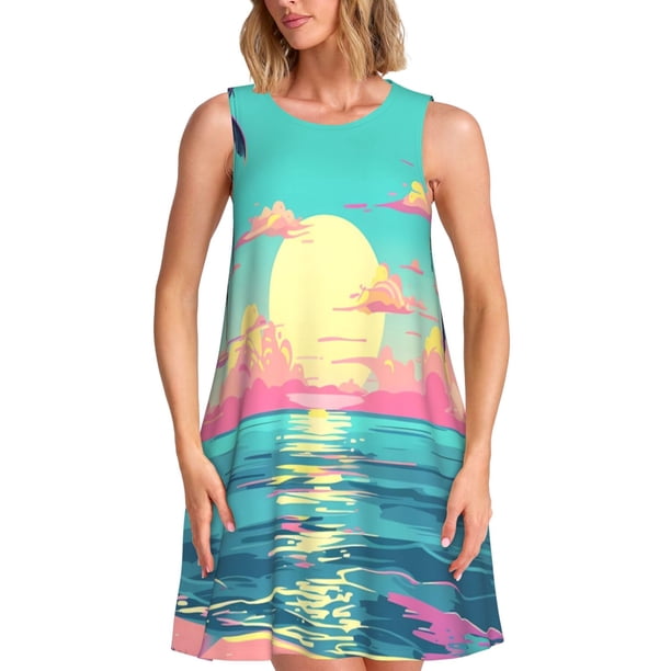 Fotbe Retro Palm Beach Sunset Vestido de Verano sin Mangas para Mujer – Vestido Midi Línea A, Estilo Camiseta Floral, Vestido Playero Casual y Fluido