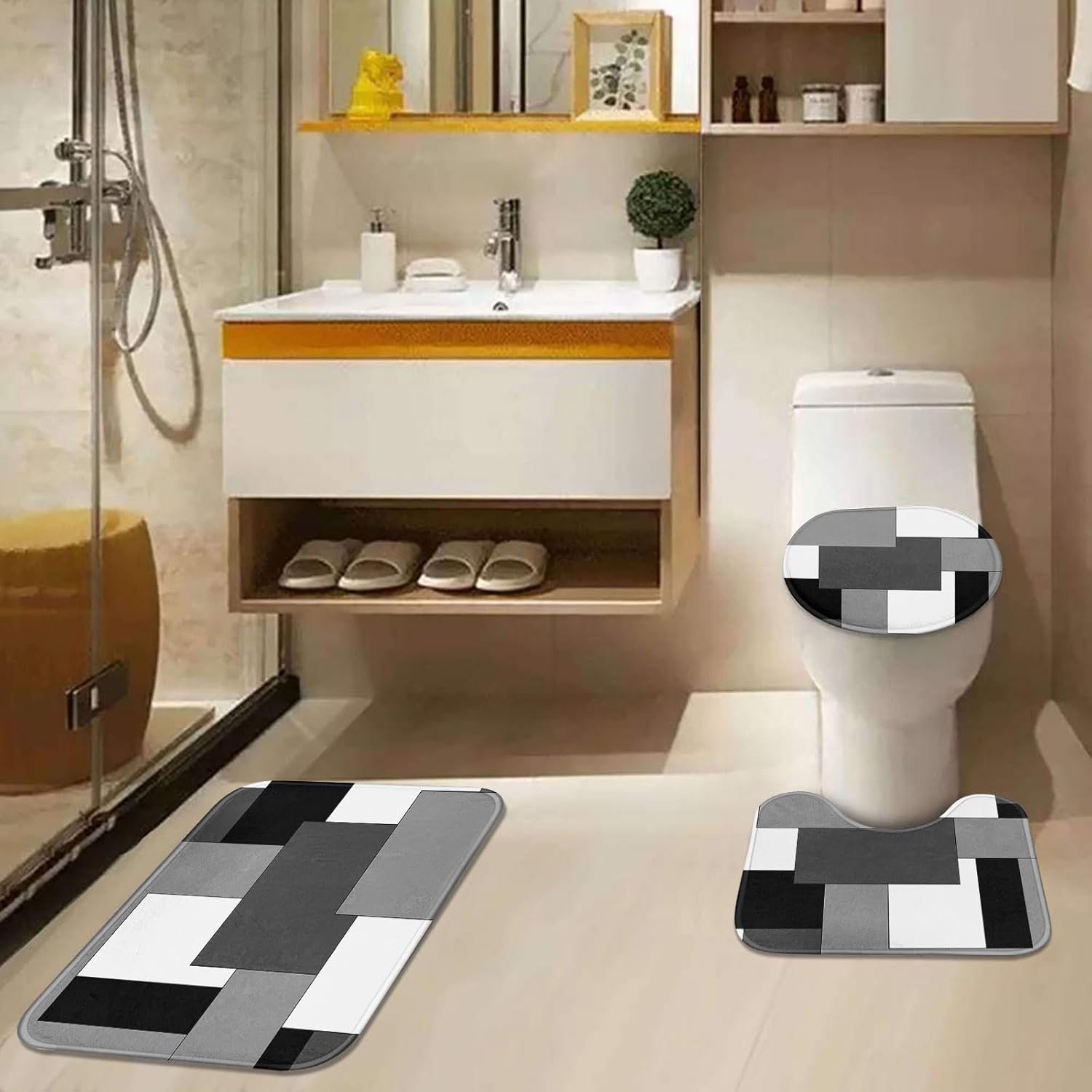 Grey Geometric Shower Curtain Set with Toilet Lid Cover and Non-Slip Rugs for Bathroom, Black White Checkered 4 Pcs Shower Curtain, Modern Abstract Bathroom Set with 12 Hooks