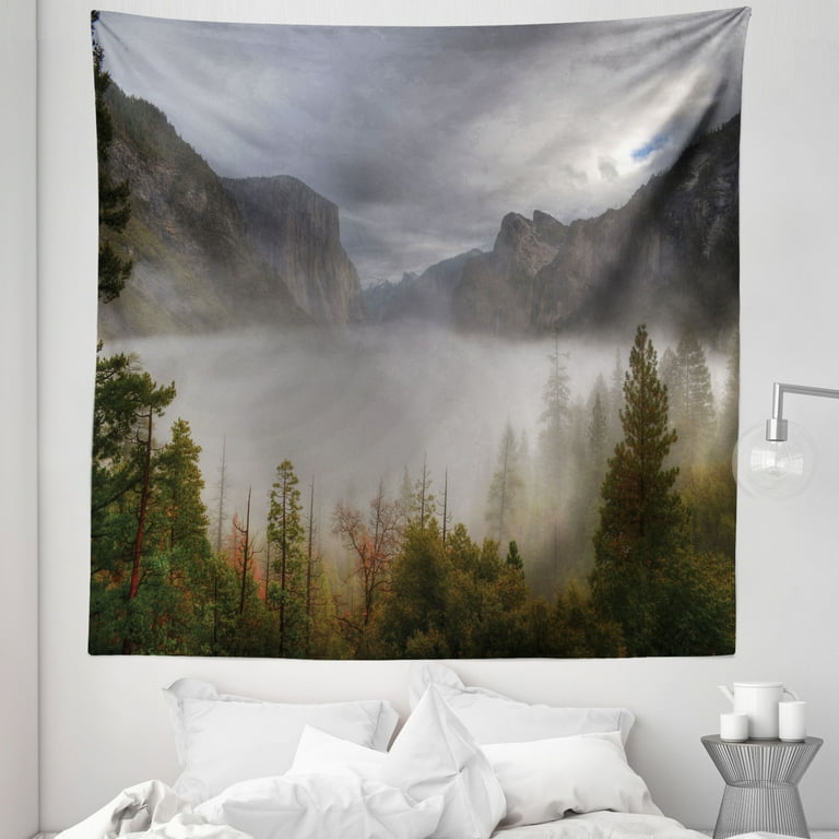 America Tapestry American Valley Autumn View Dark Clouds Heavy Haze Rainy Day Landscape Print Fabric Wall Hanging Decor for Bedroom Living Room