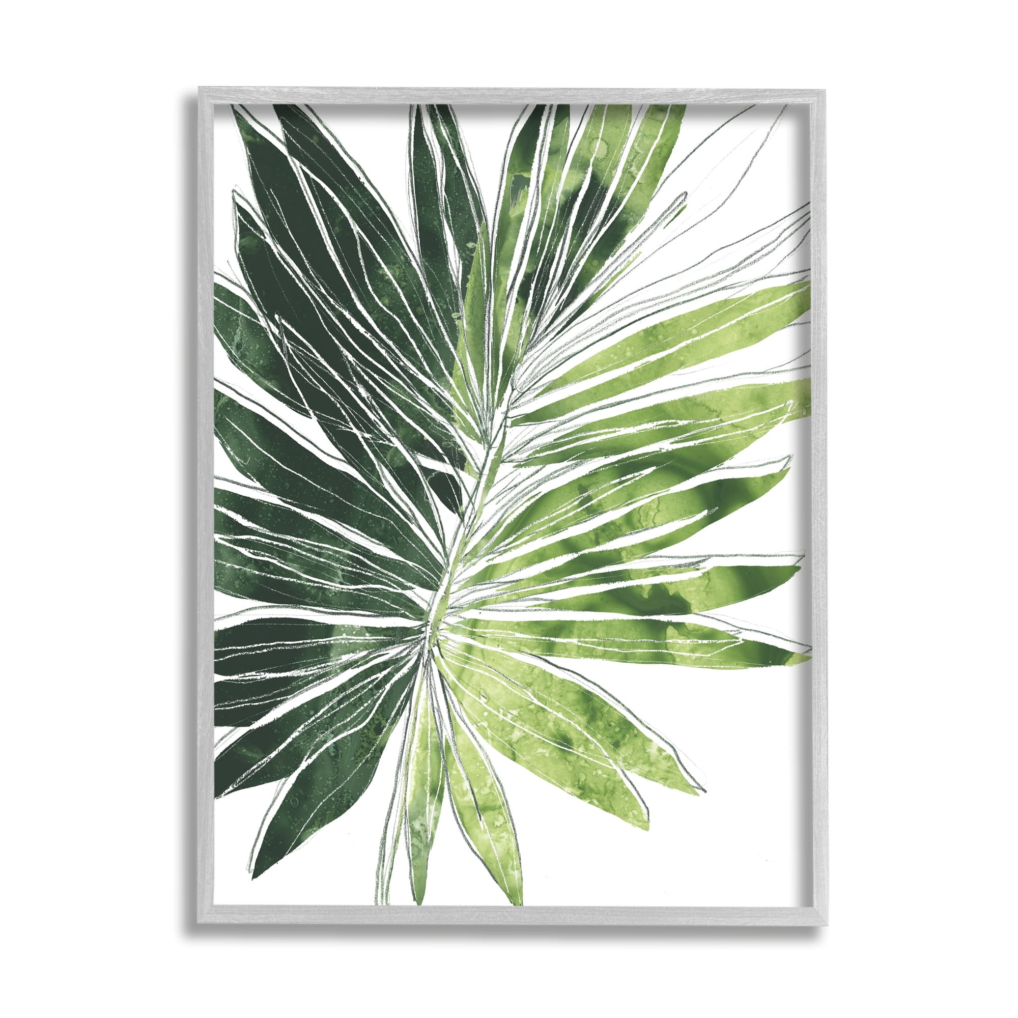 Stupell Industries Green Pop Palm Leaves Expressive Linework Botanical & Floral Painting Gray Framed Art Print Wall Art, 16 x 20