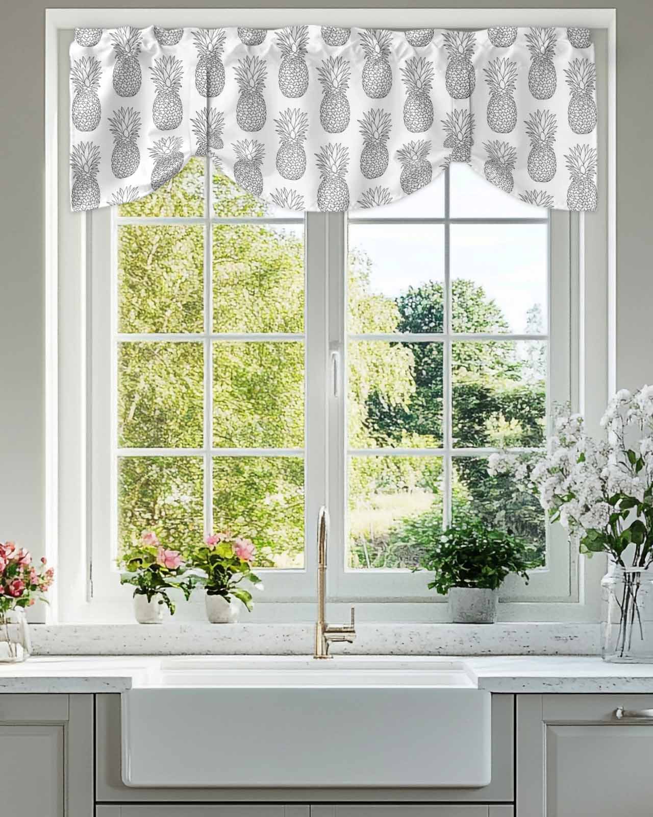 Gray Pineapple Tie Up Valances Curtain, Adjustable Kitchen Simple Cartoon Fruit Valances for Windows Decor, Rod Pocket Short Curtains Set for Bedroom/Bathroom, 60"x18"
