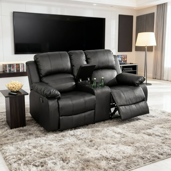 Gewnee Black Loveseat with Console & Cup Holders, Air Leather & High-Elastic Sponge, Adjustable Recline, Perfect for Living Rooms