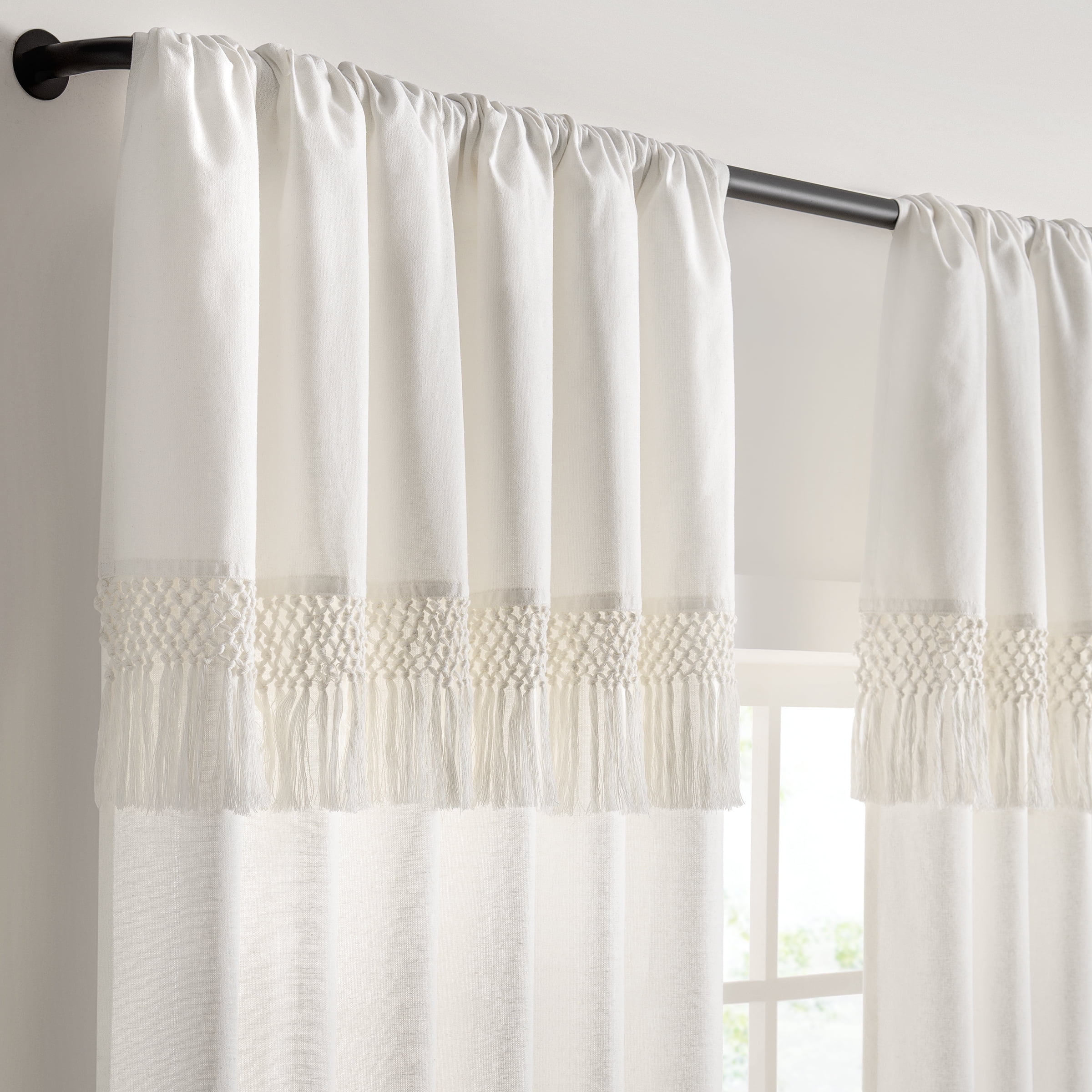 Drop Cloth Macrame Solid Cotton Light Filtering Ring Top Curtain Panel with Fringe Valance, Off-White, 50 x 108