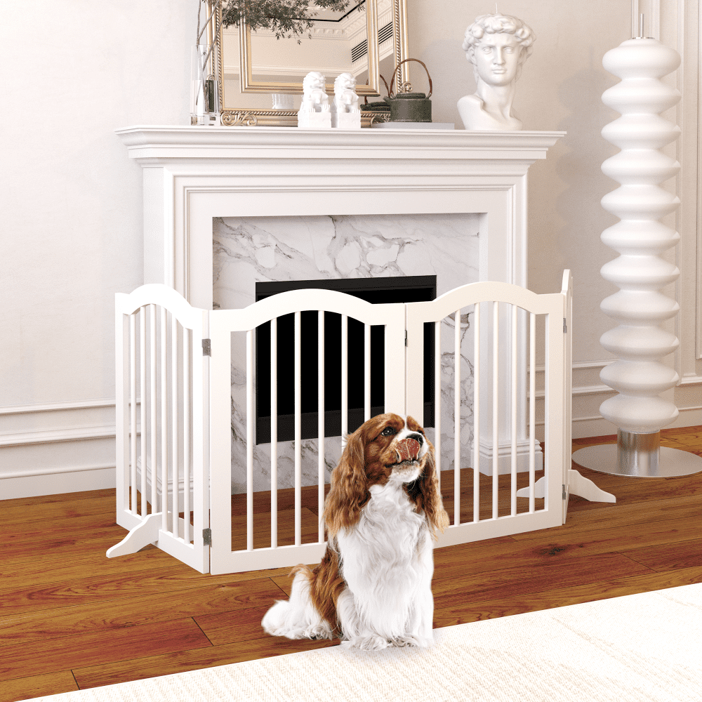 27.6" Height Tall Freestanding Pet Gate,4 Panels Foldable Dog Gate,Solid Wood Folding Safety Fence Wooden Dog Gate with 2 pcs Support Feet Ideal for Stairs,Doorways,Halls,Kitchens,Heavy Duty Gat
