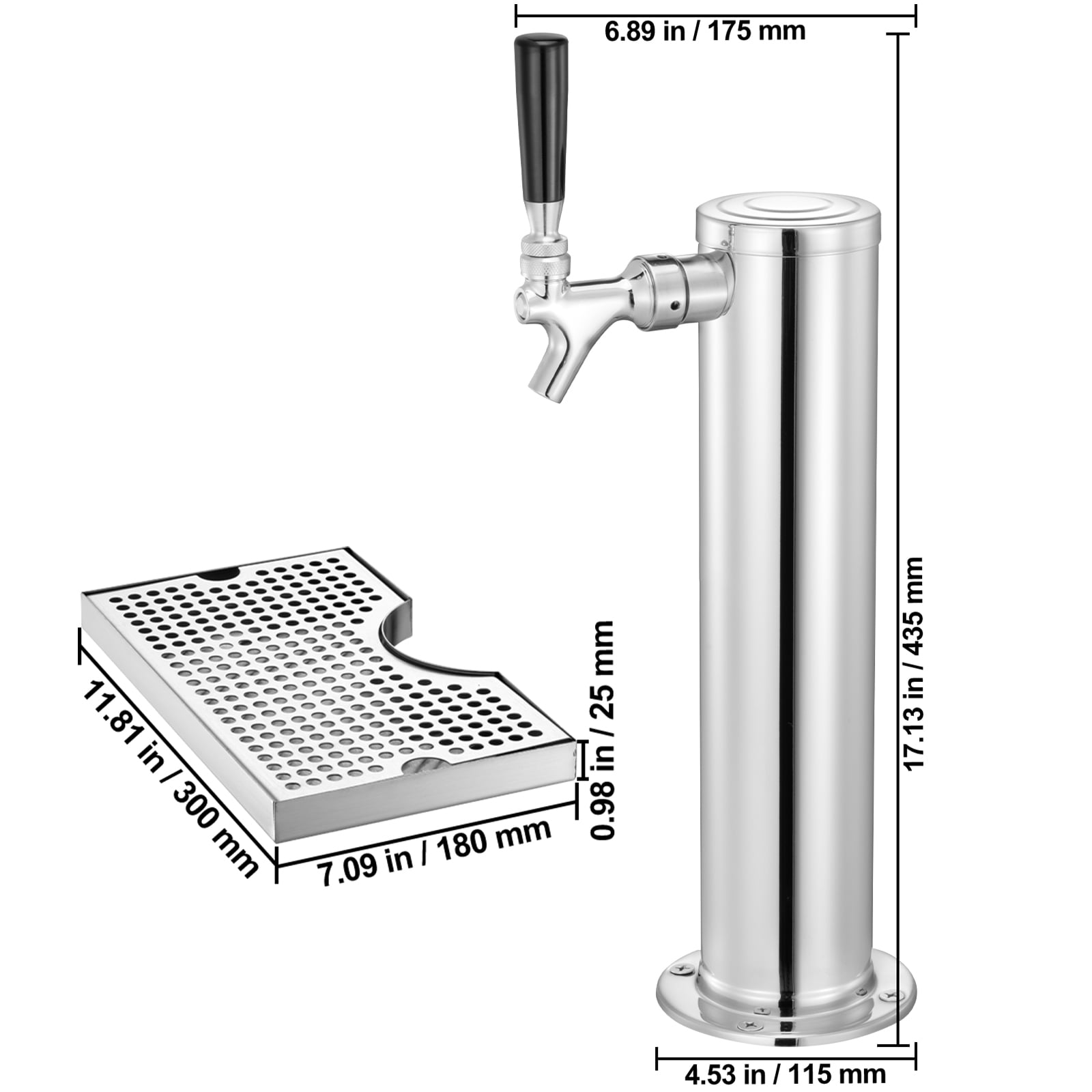 KFFKFF Single Tap Kegerator Tower Kit with Stainless Steel Beer Dispenser, Dual Gauge Regulator, D-System Keg Coupler, and Drip Tray for Home or Party Use