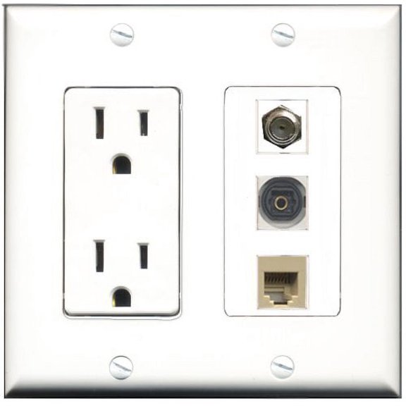 RiteAV - 15 Amp Power Outlet 1 Port Coax 1 Port Phone Beige 1 Port Toslink Decorative Wall Plate
