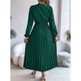 thumbnail image 4 of Women Fall Long Sleeve Dress Casual V Neck Pleated A Line Dark Green L, 4 of 5