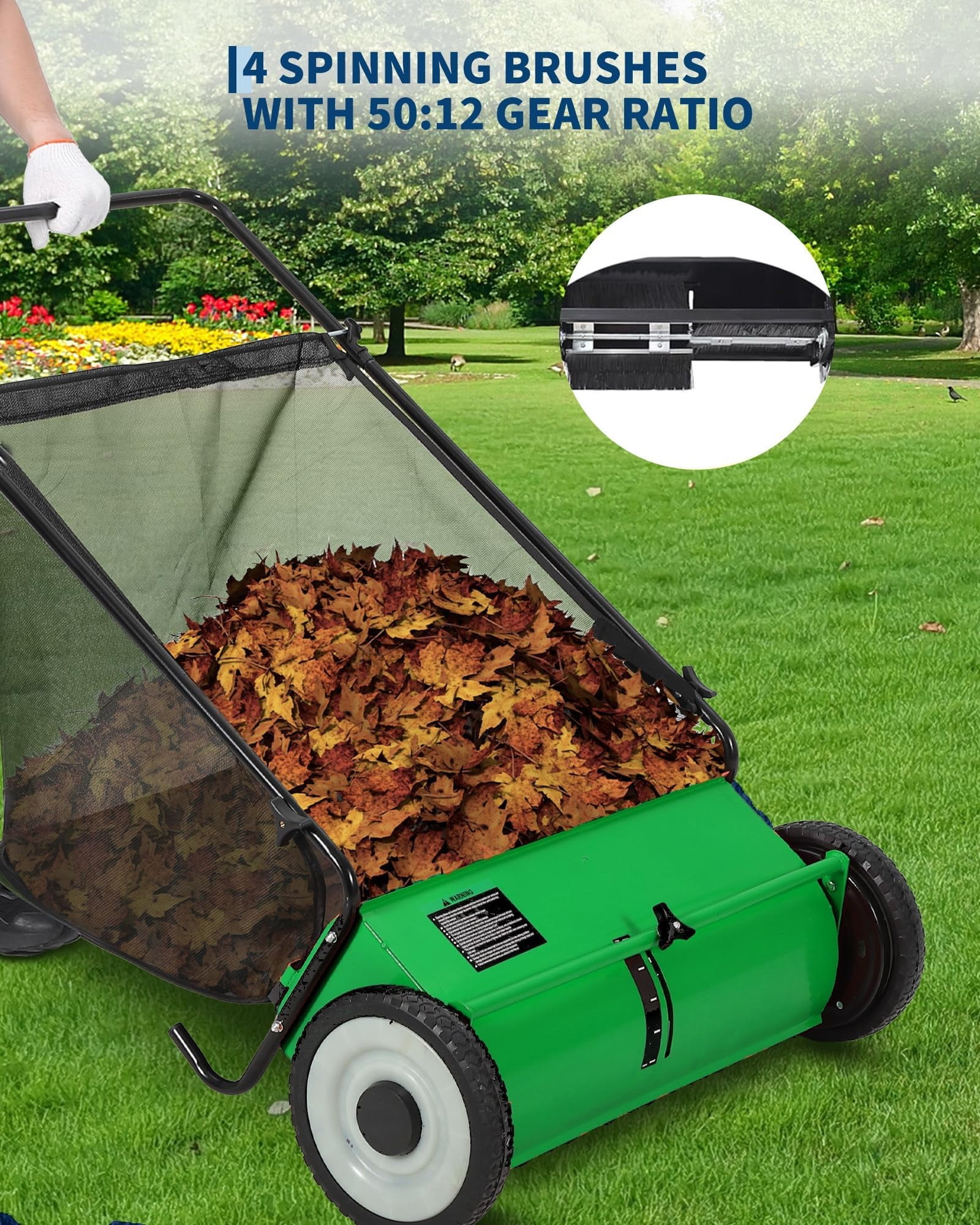 BouPower 26 in Push Lawn Sweeper – 4 Spinning Brushes, 7 Cu. Ft. Large Capacity Collection Bag, Adjustable Height, Durable Steel Frame with Rubber Wheels, for Grass, Leaves & Debris on All Terrains