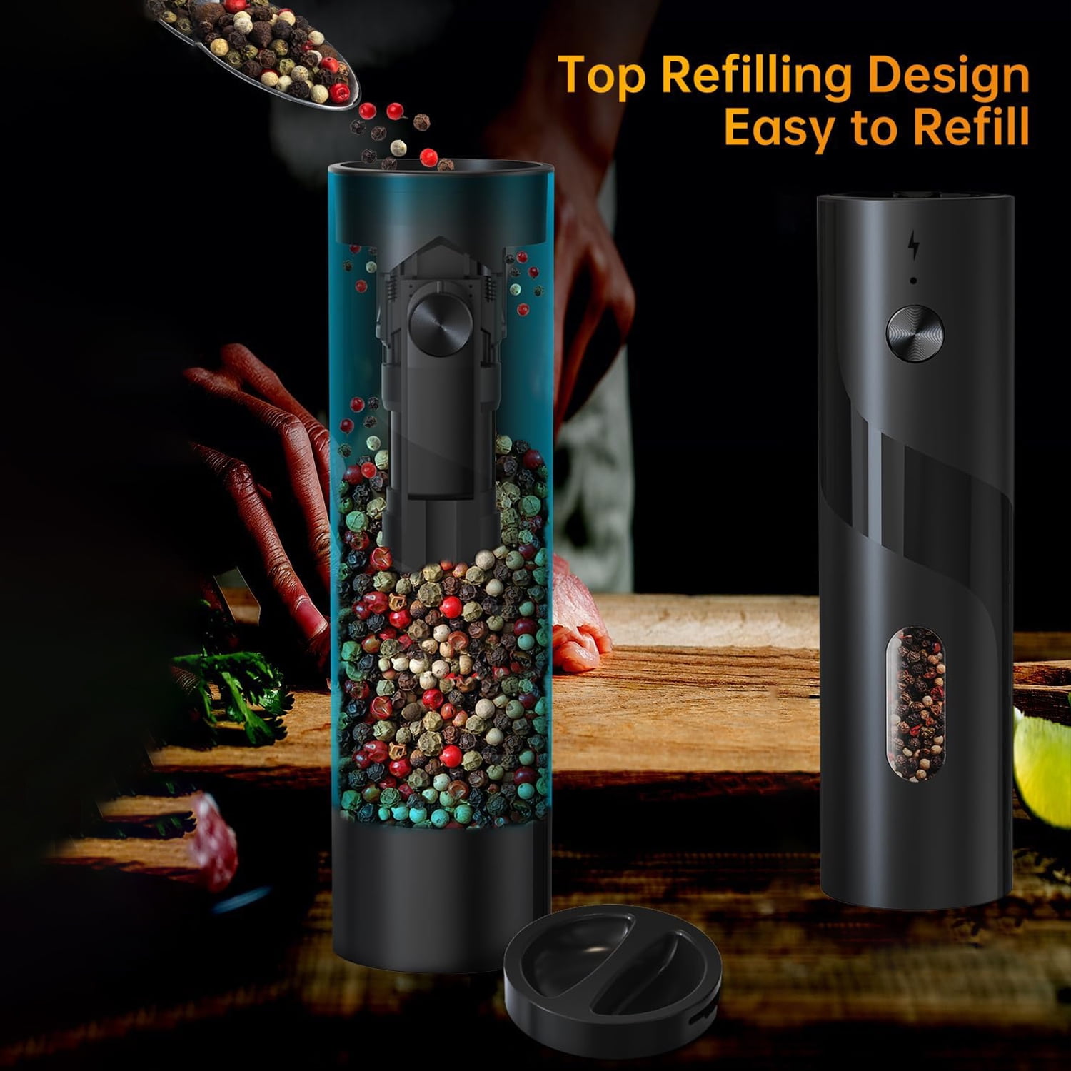 BN-LINK 2Pack Electric Pepper and Salt Grinder Set, Rechargeable Salt and Pepper Mill with LED Light, Charging Base & Adjustable Coarseness, One Hand Automatic Operation, for Kitchen, Outdoor, Black