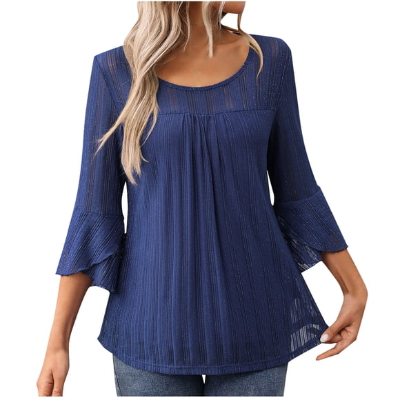 Olyvenn Blouse à Volants pour Femme Grande Taille à Manches 3/4, Décontractée, Élégante, Chic, Col Ras du Cou, à Double Épaisseur, Tunique en Maille Scintillante, Bleu Marine, G