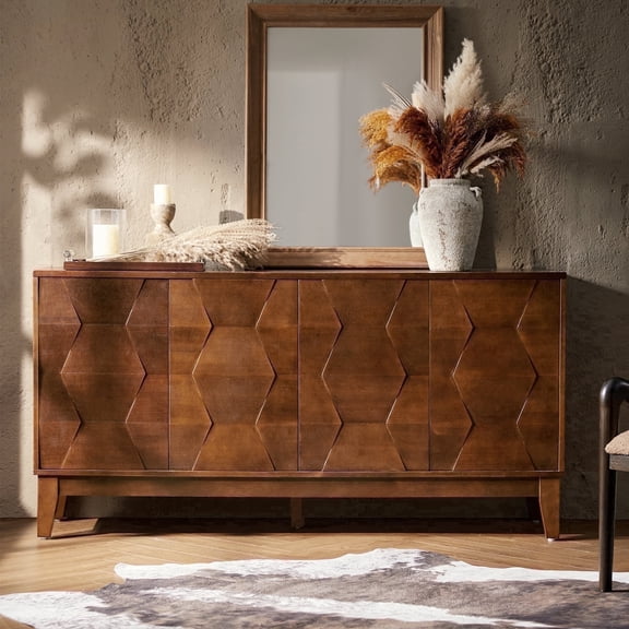 Tina's Home Walnut Sideboard Buffet Cabinet, 4 Doors & Adjustable Shelves & Solid Wood Legs for Dining Room & Kitchen