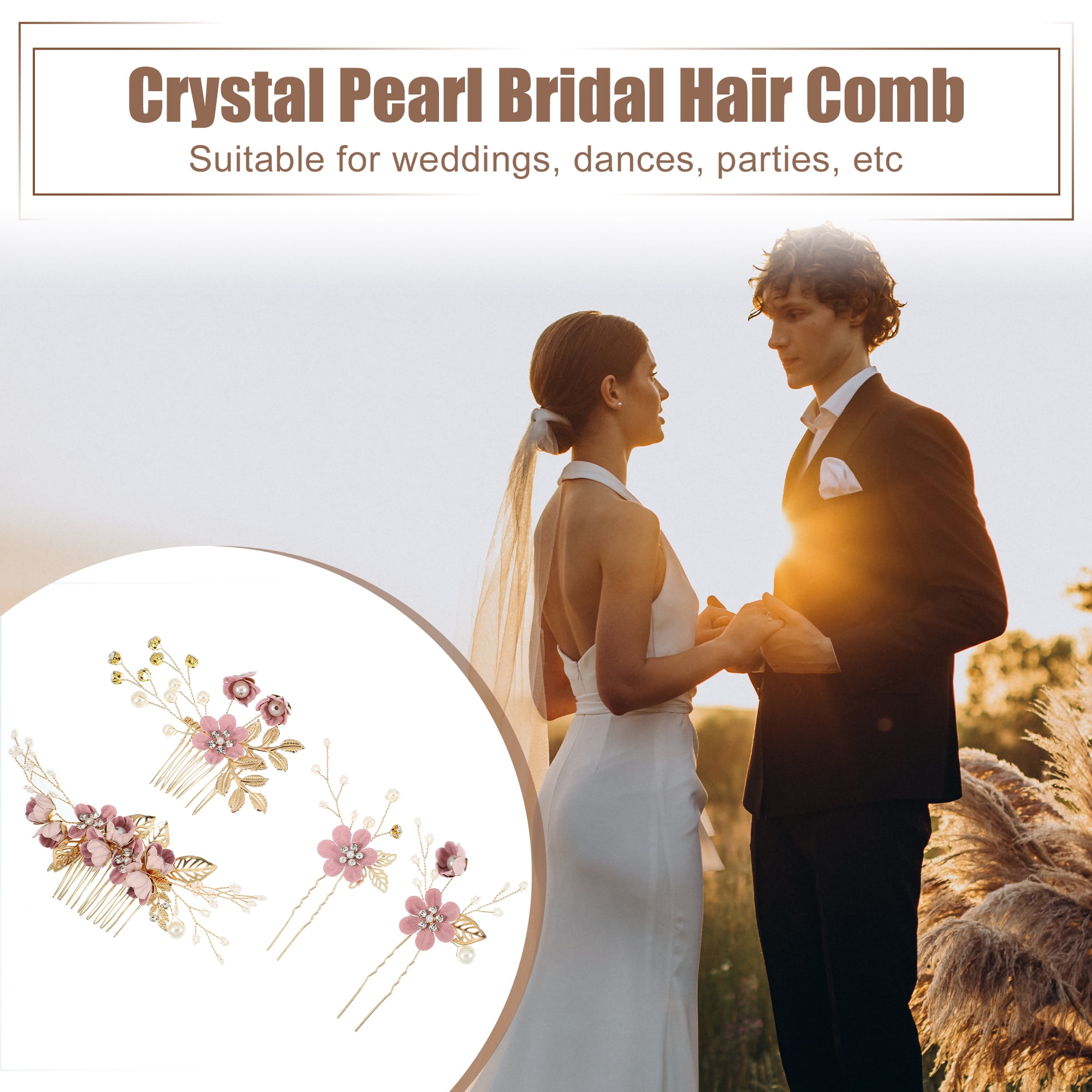 Unique Bargains 4 Pcs Rhinestone Hair Comb for Bride Flower Side Comb Headpiece Purple