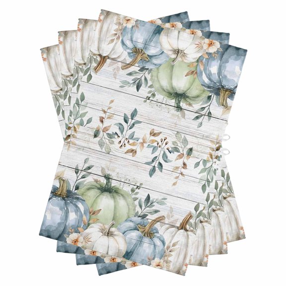 Green Blue Pumpkins Fall Kitchen Towels Set of 4, Water Absorbent Dish Towel, Thanksgiving Eucalyptus Leaves Wooden Decorative Hand Towels - Quick Drying Cloth for Cooking Baking, 18x28 Inch