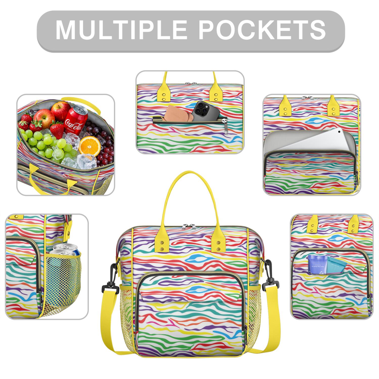 Large Insulated Tote Bag with Zebra Print - Leakproof Cooler Bag for Lunch, Travel & Picnic, Multi-Pocket Waterproof Thermal Tote for Office, Outdoor, Gym, School - Modern Zebra Stripes Design