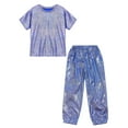thumbnail image 3 of Hansber Kids 2 Piece Dance Outfit Shorts Sleeve Shiny Metallic Round Neck T-shirt with Pant Set Jazz Royal Blue 140, 3 of 5