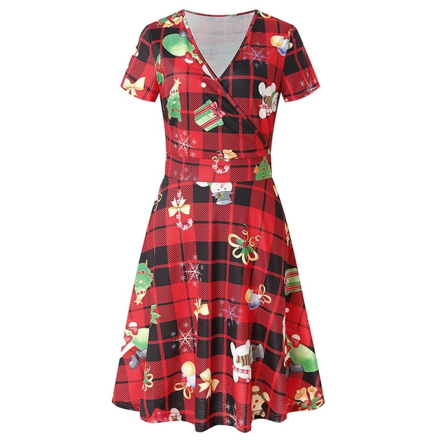 Pompotops Robe d'Été à Manches Courtes Col en V Vintage Cadeau de Noël à Carreaux pour Femmes