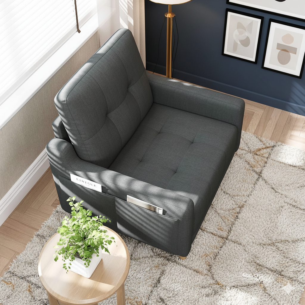 Mid Century Modern Accent Chair Reading Chair with Wood Legs, Upholstered Armchair Fabric Single Sofa Chair for Living Room & Bedroom (Dark Gray)