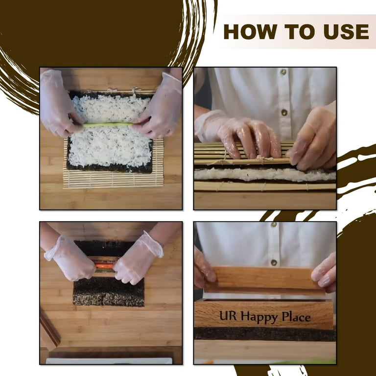 UR Happy Place Sushi Making Kit for Beginners – 15-Piece Sushi Roller Kit  w/Solid Oak Maki Press, Bamboo Sushi Mat & Engraved Cherry Blossom Sushi