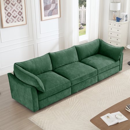 Noble House 3-Seater Sofa with Pull-Out Drawers Crescent Armrests and Wraparound Back & Arm Cushions Chenille Fabric Green