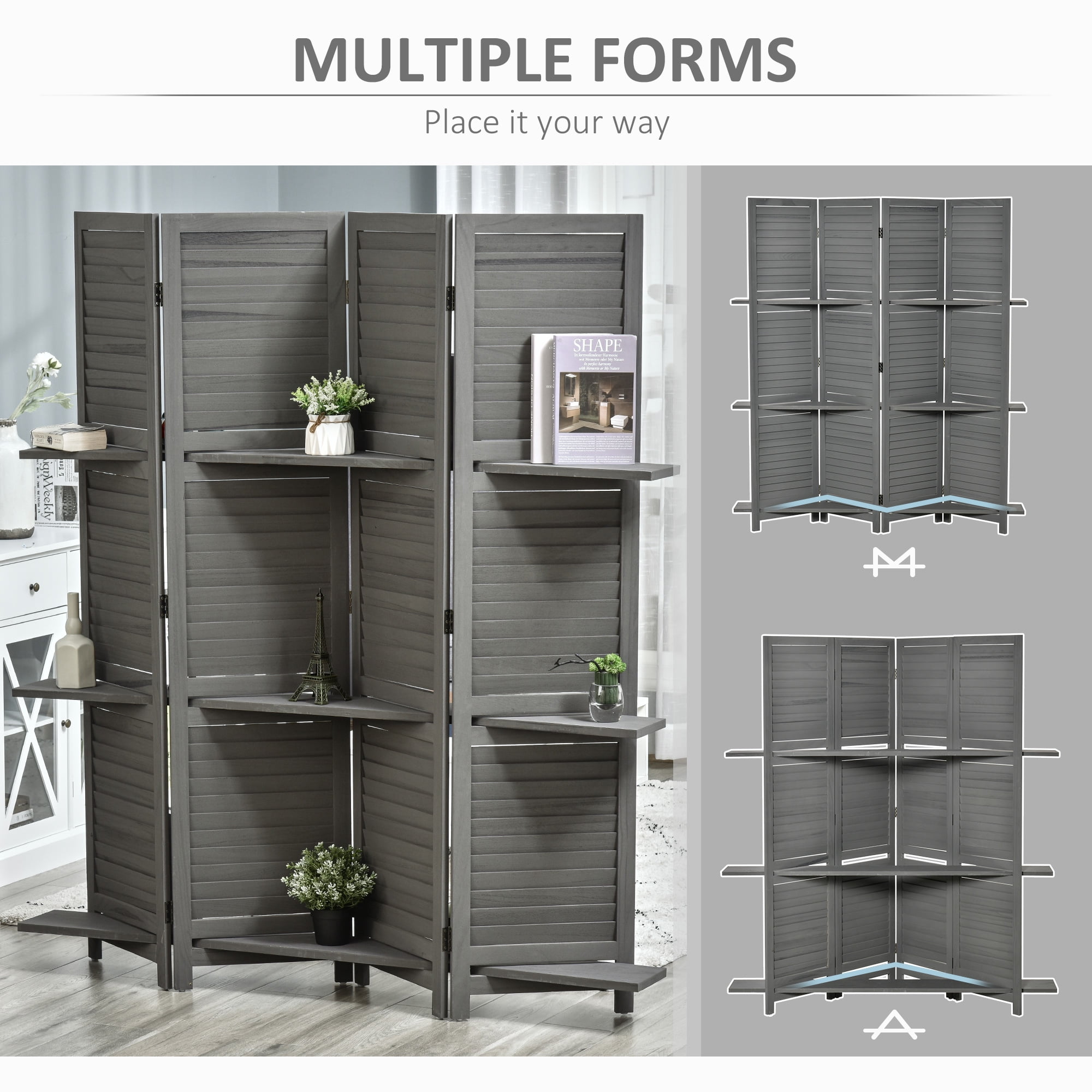 HOMCOM 4 Panel Wood Privacy Screen Room Divider with 3 Shelves 67" Grey