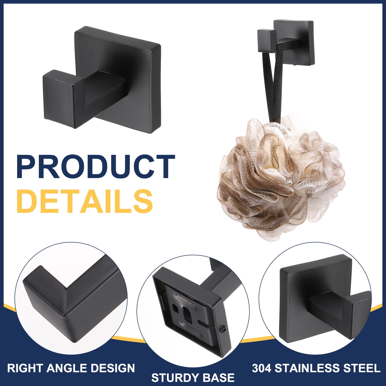 Unique Bargains Stainless Steel Square Coat Hook Robe Hooks for Hanging Towels Black