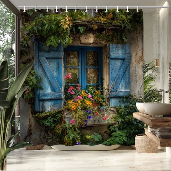 Vintage Blue Wooden Shutter Stone Wall Window Flower Print Shower Curtain With Hooks Mediterranean Farm Bathroom Decor.