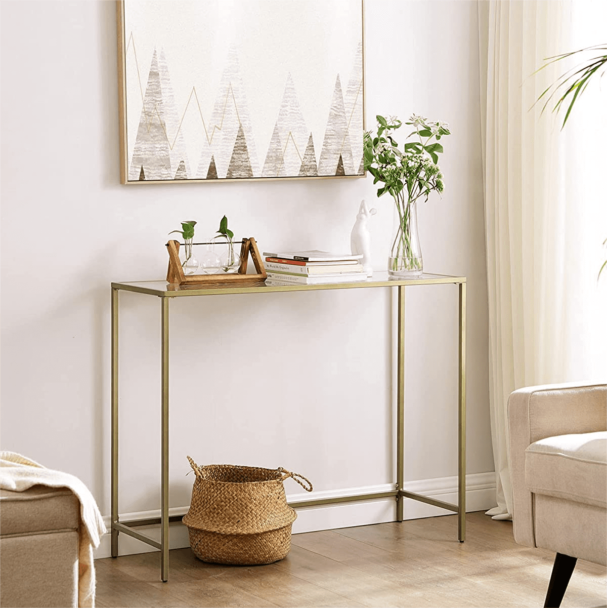 VASAGLE 39.4" Console Table Sofa Table Gold Glass Entryway Table Console Vanity Modern for