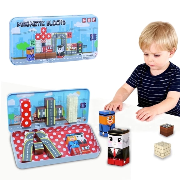 CEREECOO Mini Magnetic Tiles Travel Set with Metal Storage Box, 35 Pcs Small Portable Building Blocks, STEM Toys for Road Trip & Airplane, Gift for Kids 3