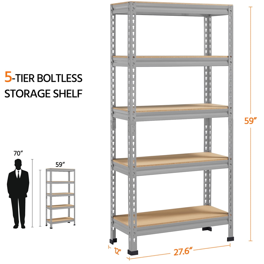Alden Design 5-Shelf Boltless & Adjustable Steel Storage Shelf Unit, Silver, Light Gray