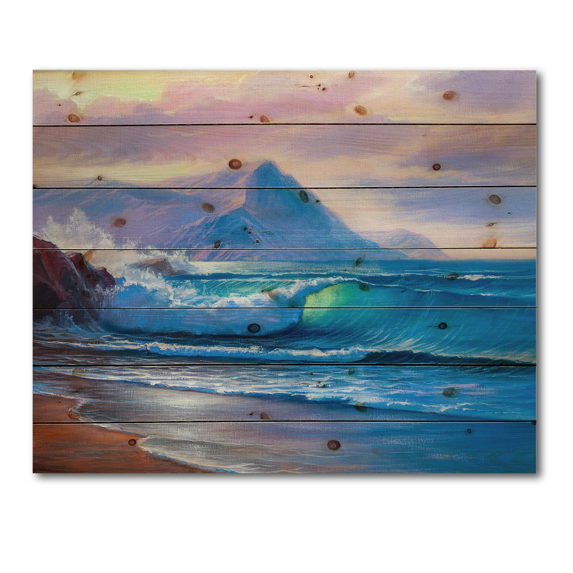 Designart 'Blue Waves Breaking At The Beach Landscape I' Nautical & Coastal Print on Natural Pine Wood