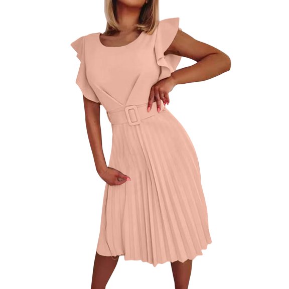 Sngxgn Womens Cotton Short Sleeve Casual Loose Crew Neck Beach Dress(Pink,L)