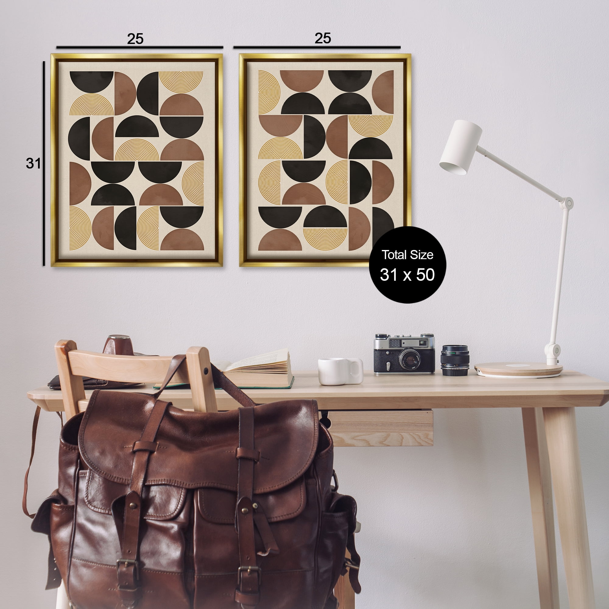 Stupell Industries Midcentury Geometric Semicircles Abstract Painting Gold Floater Framed Canvas Art Print Wall Art, 31 x 25, Set of 2