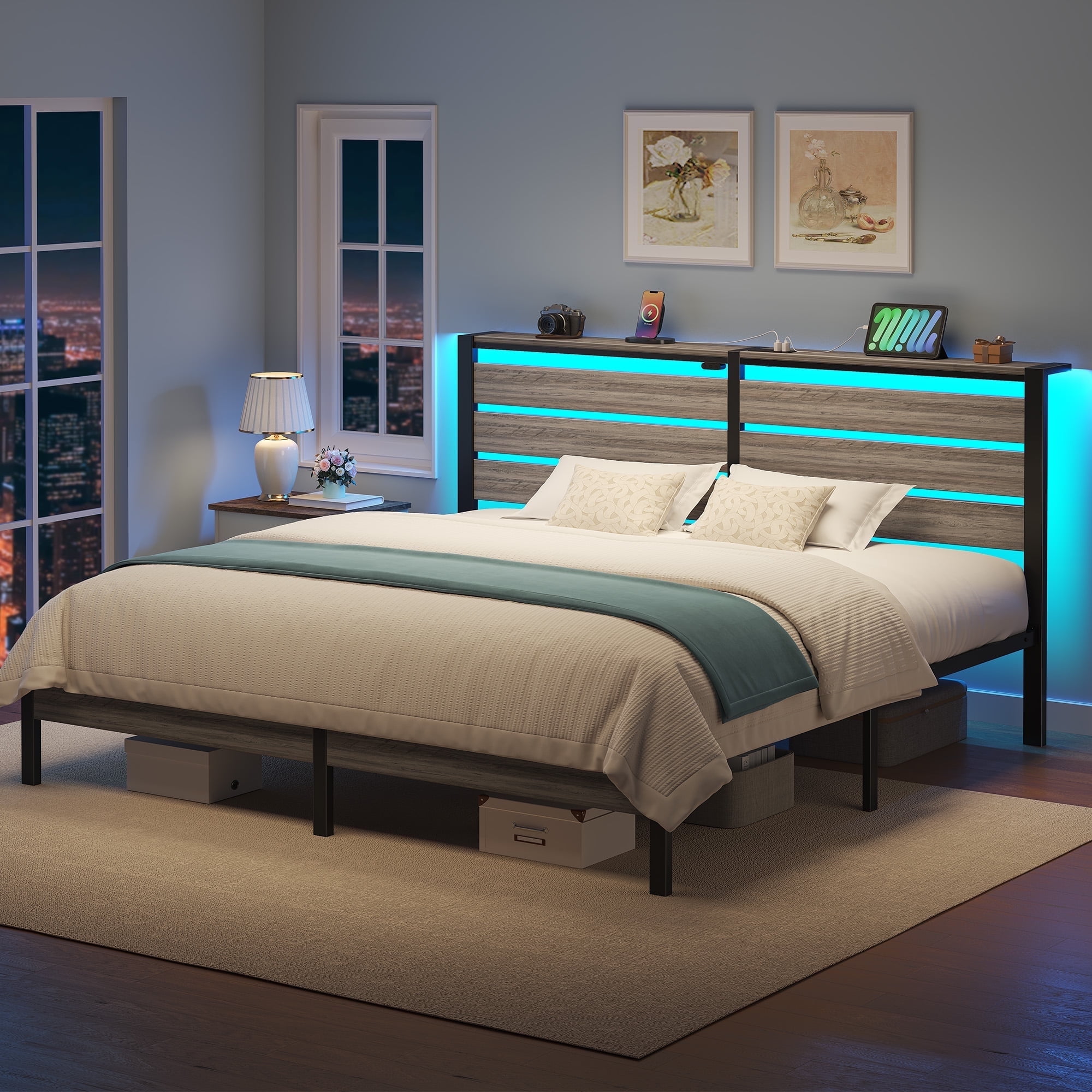 Greenstell King Size Bed Frame with Storage Headboard,Wood Platform Bed with LED Lights & USB Charging Station,Double Bed Frame with Metal Slats,Light Gray