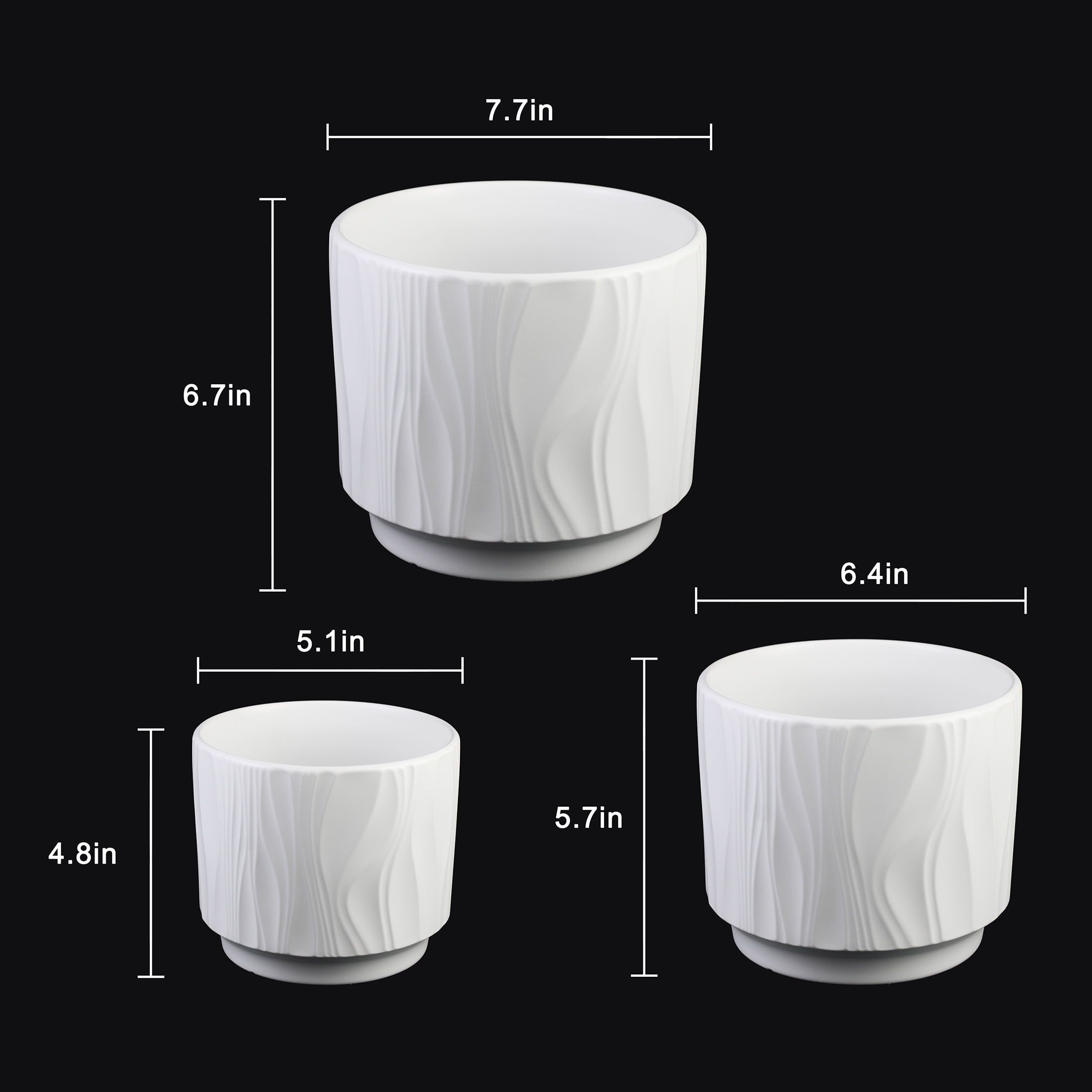 Stoneware Round Planter Set of 3 with Drainage Holes, White Textured Ceramic Flower Pots